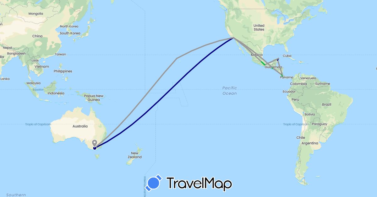 TravelMap itinerary: driving, bus, plane, boat in Australia, Costa Rica, Guatemala, Mexico, United States (North America, Oceania)